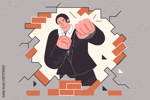 Business man breaks down barriers to achieving goal by hitting brick wall to get through