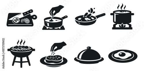 Cooking icon set featuring food preparation, cooking methods, and prepared meals for restaurant menus and digital apps