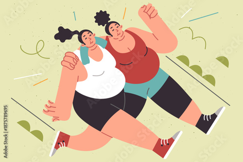 Overweight women run through park hugging each other, wanting to lose weight through sports