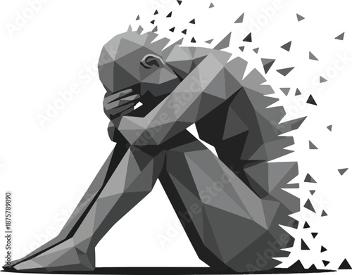 Gray polygonal figure in fetal position dissolving into black triangles