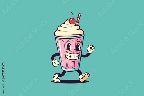 Retro Cartoon Milkshake Character Walking Happily.