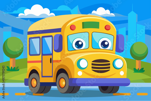 Cute cartoon yellow school bus with big eyes and a smiling face driving on a road in a colorful cityscape