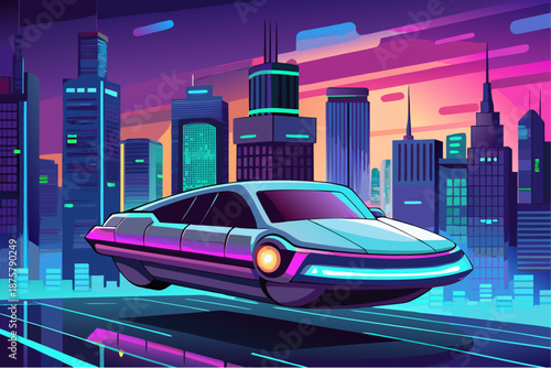 Futuristic flying car hovering above a neon-lit cityscape with tall skyscrapers and a vibrant sunset sky