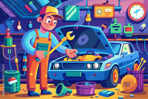 Smiling mechanic in orange overalls repairing a car engine in a colorful, well-equipped auto garage