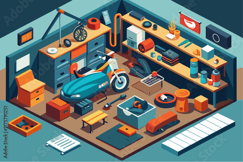 Isometric illustration of a garage workshop with motorcycle, tools, spare parts, shelves and storage in a modern organized layout