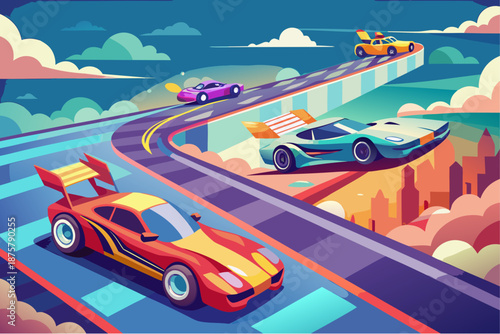 Colorful sports cars racing on a futuristic elevated track above the clouds with a city skyline in the background