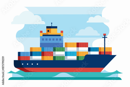 Large cargo ship sailing on the ocean carrying colorful shipping containers under a cloudy sky