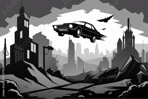 Flying car over a dystopian black and white cityscape with ruined buildings, rocky terrain and aircraft in the sky