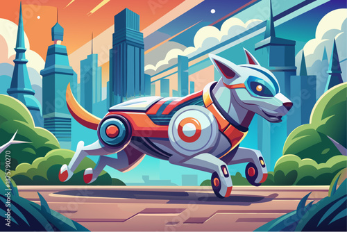 Futuristic robotic dog running through a vibrant city park surrounded by skyscrapers and greenery