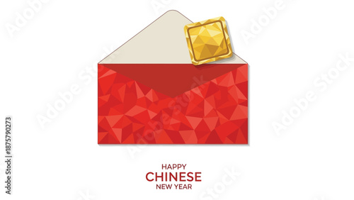 Red envelope with gold ingot and 'happy chinese new year' greeting for celebration and prosperity wishes
