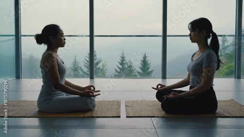 Video Two women sitting on meditation mats in front of a window, possibly practicing yoga or mindfulness