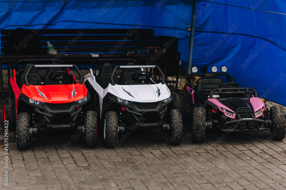 Obraz premium A photograph of many colorful children's plastic cars parked in a rental park.