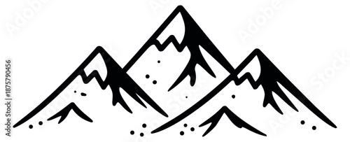 Hand drawn line art illustration of a mountain range depicting rugged peaks for outdoor adventure