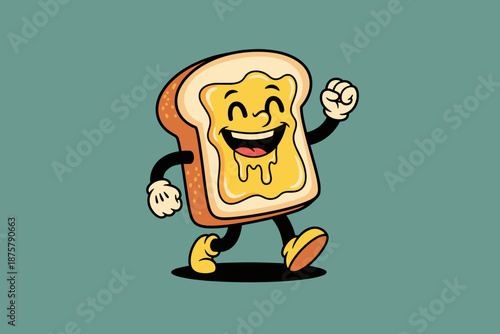 Happy Buttered Toast Character Walking Joyfully.