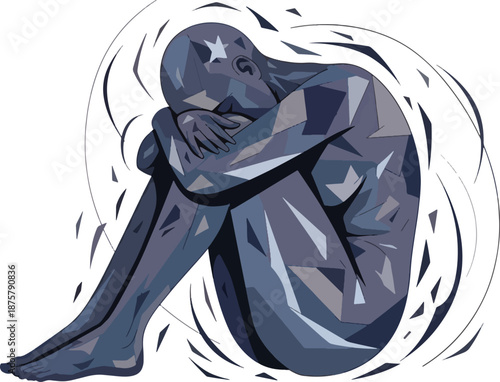 Stylized figure in fetal position surrounded by dark swirling lines