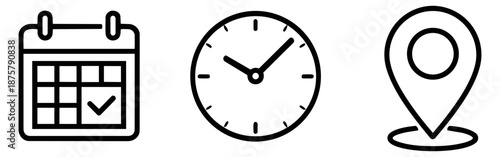 Line art icons set featuring a calendar, clock, and location pin for scheduling and event planning