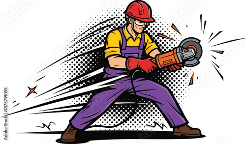 Comic-style construction worker using angle grinder with safety gear and sparks for industrial, safety, and promotional visuals