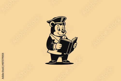 Cartoon Bear Character Reading a Book.