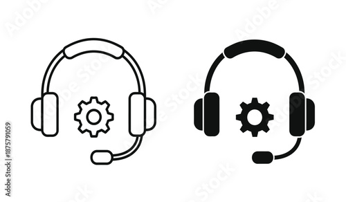 Two headset icons with gear symbols in black and white line art