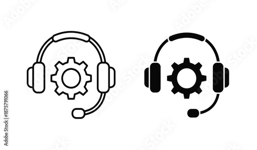 Two headset icons with gear symbols in black and white