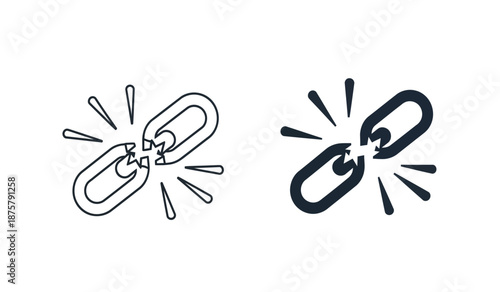 Two broken chain links with explosive burst effect in black and white