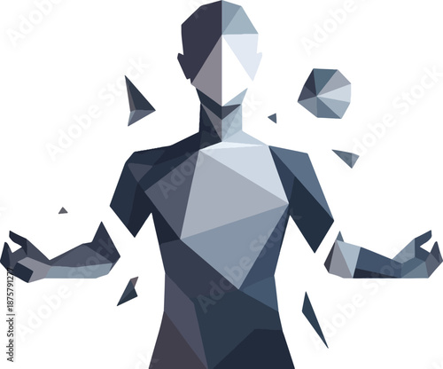 Polygonal human figure fragmenting into geometric shards against white