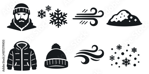 Black silhouette winter icon set featuring a man, warm clothing, and weather elements for seasonal design