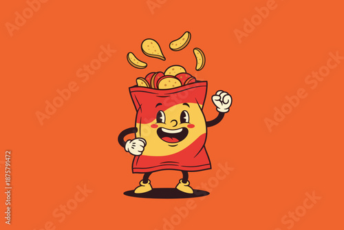 Retro Cartoon Bag of Chips Character Cheerful and Energetic.
