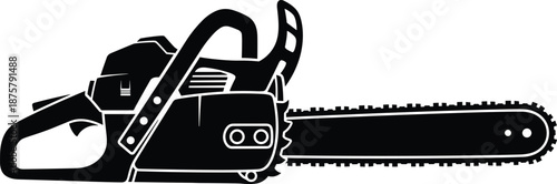 Black-and-white chainsaw silhouette illustration with detailed components for forestry, woodworking, landscaping, and mechanical tool visuals