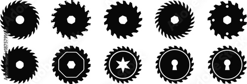 Black circular saw blade silhouettes with diverse tooth and center designs for toolmaking, manufacturing, and visual identification