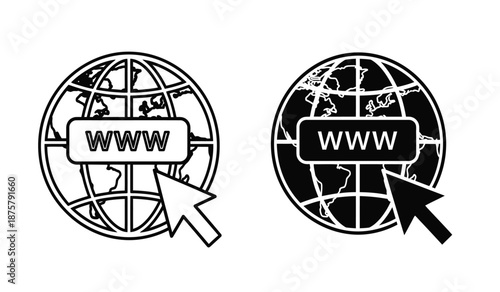 Black and white illustrations of globe icons with www text and arrows pointing to web address