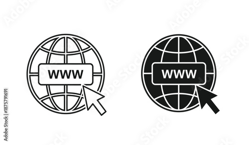 Black and white globe icons with www text and arrows on pure