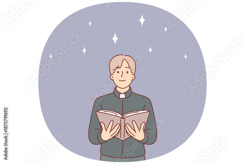 Man priest reads gospel for christian catholics with smile training to become church employee