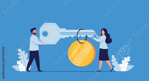 Real estate acquisition concept features a man and a woman holding a large silver key with a gold dollar coin hanging from it.