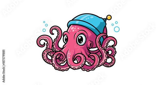 Cute pink cartoon octopus wearing a blue winter hat and surrounded by bubbles creates a fun and friendly aquatic character.