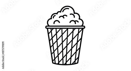 Movie theater snack illustration features a bucket of popcorn in a classic striped container designed in a simple black line art.