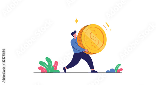 Hardworking person carrying a giant gold dollar coin symbolizes financial effort, savings, and the burden of monetary success.
