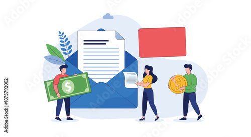 Group of people managing correspondence and financial payments by putting letters and money into a large blue envelope.