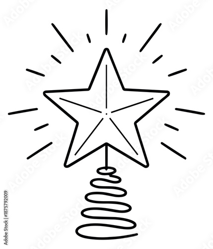 Hand drawn line art illustration of a Christmas tree star topper depicting light rays and a spiral base for holiday decorations