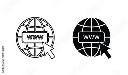 Black and white line art icons of globe with www text