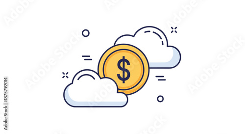 Cloud computing and online finance concept depicted by a gold dollar coin floating between two soft white clouds.
