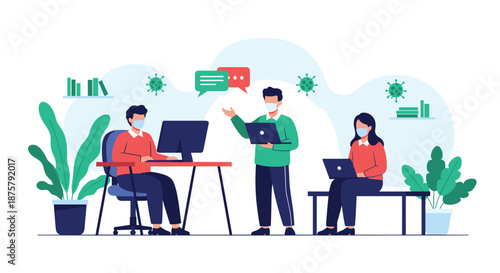 Modern workplace safety during a pandemic showing office employees wearing protective face masks and viruses in the air.