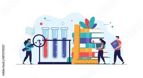 Scientific research and academic education concept showing students working with test tubes, magnifying glass, and books.