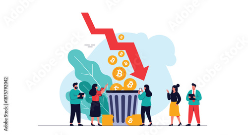 Cryptocurrency market crash and financial failure depicted by people watching golden bitcoins falling into a trash bin.