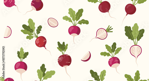 Seamless pattern of fresh red radishes with green leaves and slices on a light beige background for culinary design.