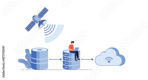 Global data network and cloud storage concept showing a man sitting on servers connected to a satellite and cloud wifi.