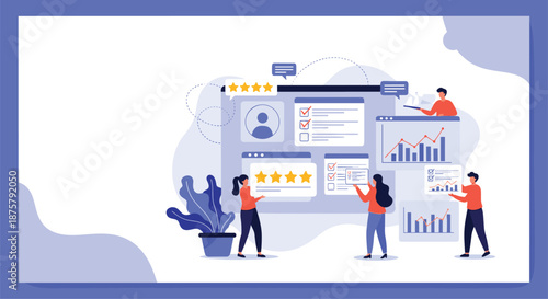 Customer feedback and quality control concept showing people updating star ratings and performance charts on a screen.