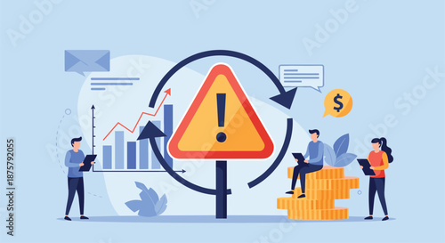 Professional employees stand near a large warning sign while monitoring market statistics and financial data indicators.