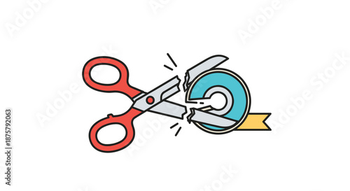 Simple illustration of red scissors cutting through a blue circular object and yellow ribbon signifies cutting red tape.