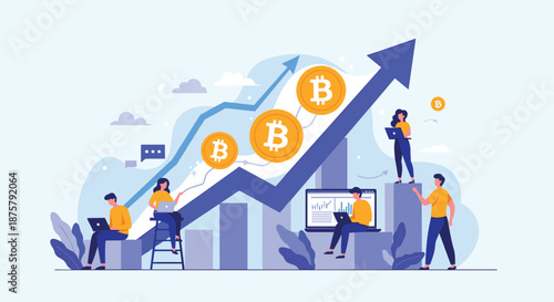 Technical experts work on laptops while monitoring the rising value of bitcoin cryptocurrency in a digital marketplace.